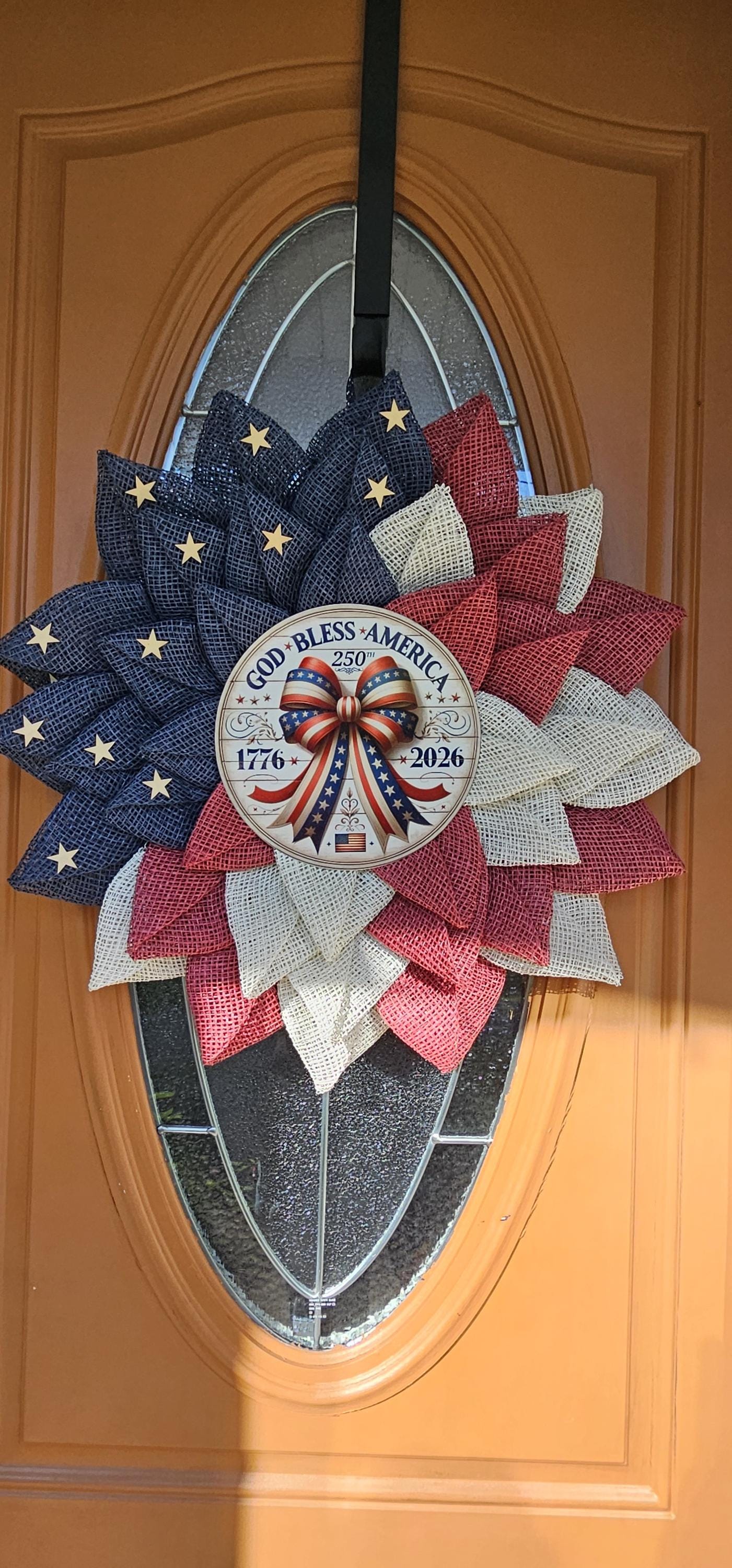 Patriotic Americana Wreath | Red White Blue Burlap Flower Petals, 250th Anniversary Sign