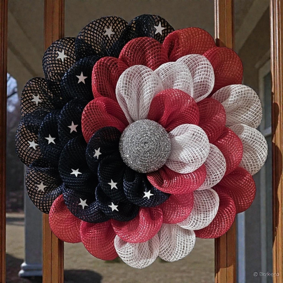 Handmade Patriotic Daisy Wreath – 20 Inch Red White Blue Americana Front Door Decor, Deco Mesh