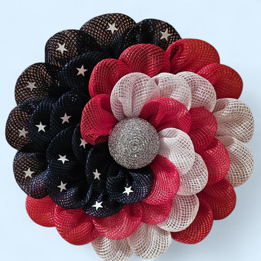 Red White Blue Daisy Wreath | Americana Floral Decor, Stars, Silver Center