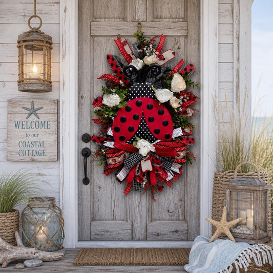 Ladybug Wreath, Summer Door Decor, Farmhouse Cottage Porch Accent, Red Black Polka Dot Swag
