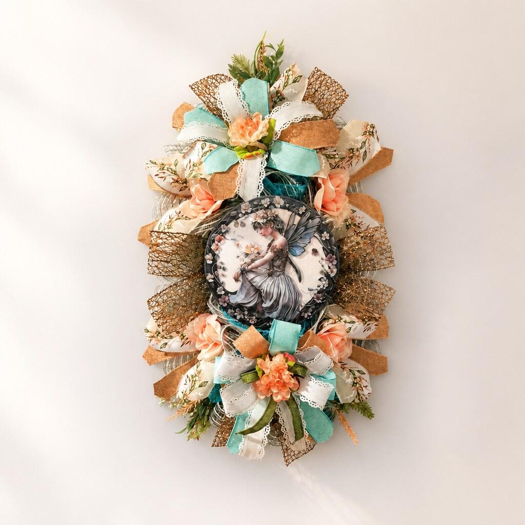 Handcrafted Fairy Swag Wreath, Pastel Garden Decor, Floral Ribbon Artistry