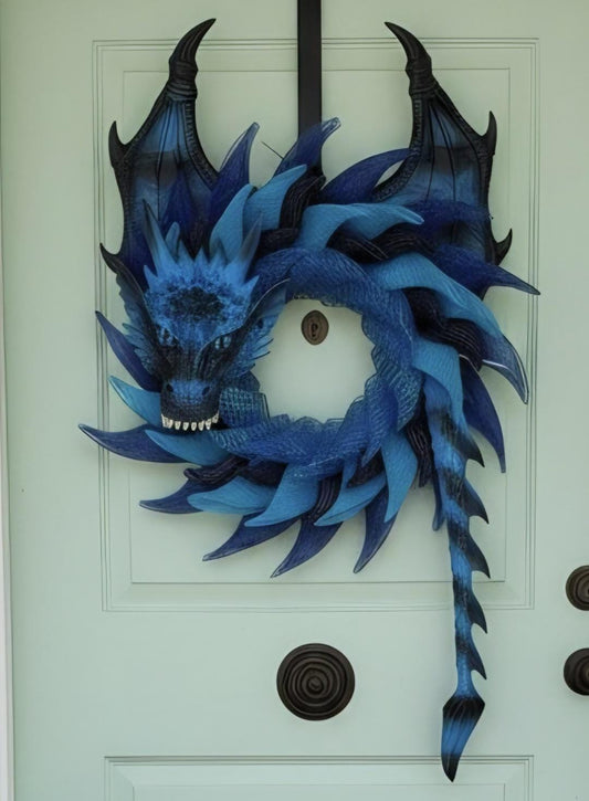 Handmade Blue Sea Dragon Wreath, Coastal Fantasy Decor, Mythical Creature Wall Art