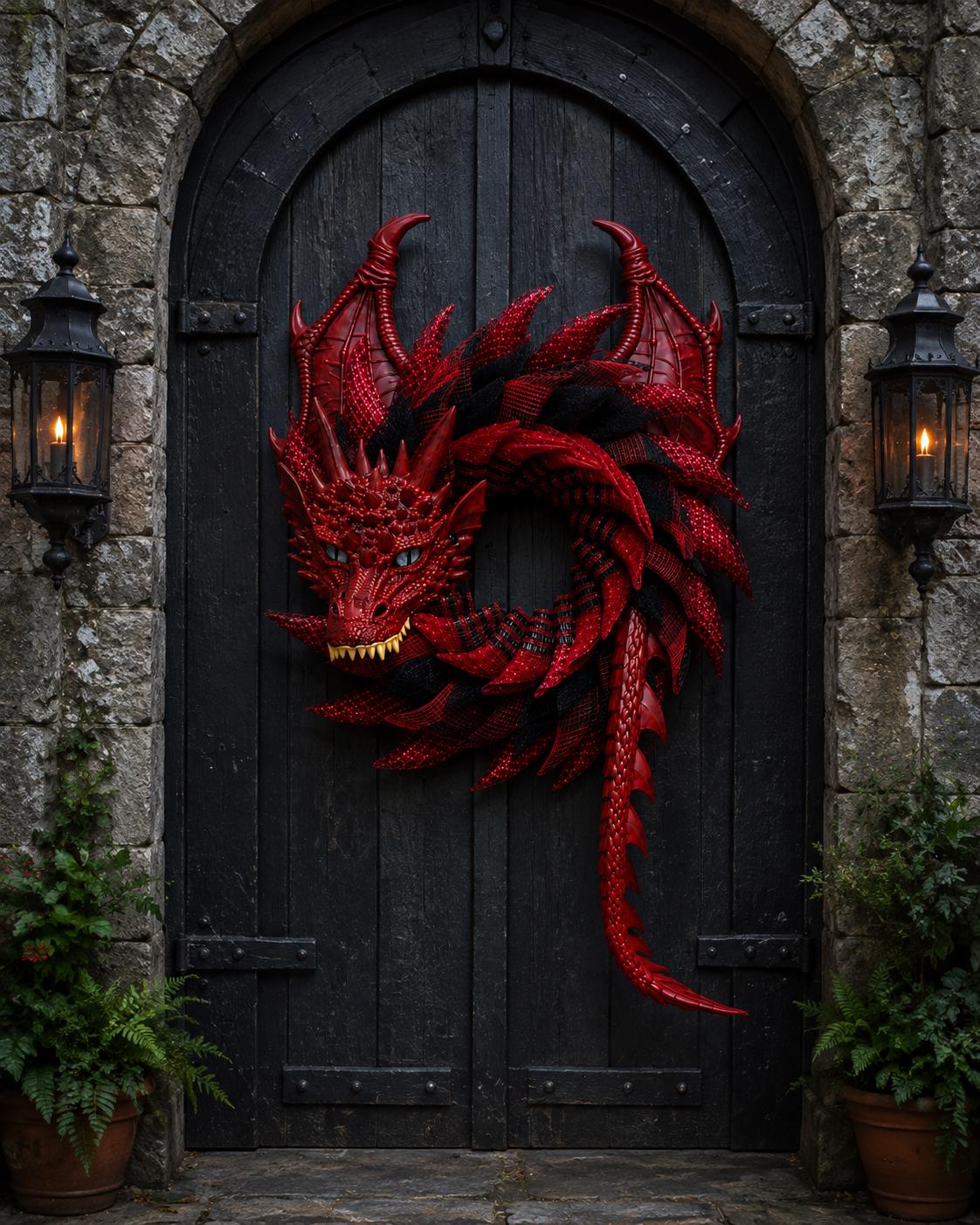 Handmade Red Black Dragon Wreath ā Smoky Mountain Fantasy Wall Art, Motorcycle Rider Gift, Front Door Decor
