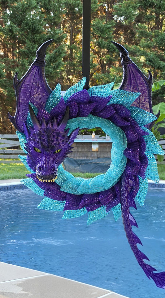Handmade Purple Sea Dragon Wreath, Teal Aqua Coastal Fantasy Door Decor