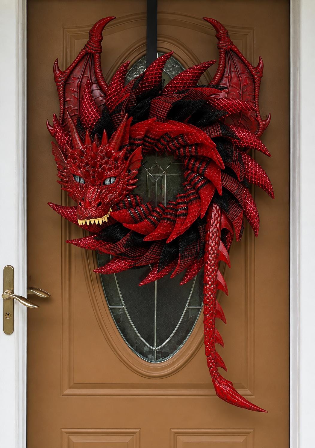 Handmade Red Black Dragon Wreath ā Smoky Mountain Fantasy Wall Art, Motorcycle Rider Gift, Front Door Decor