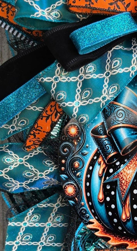 Glam Teal Pumpkin Halloween Door Swag, Handmade Deco Mesh Wreath, Teal Orange Black Fall Door Decor, Whimsical Pumpkin Decoration