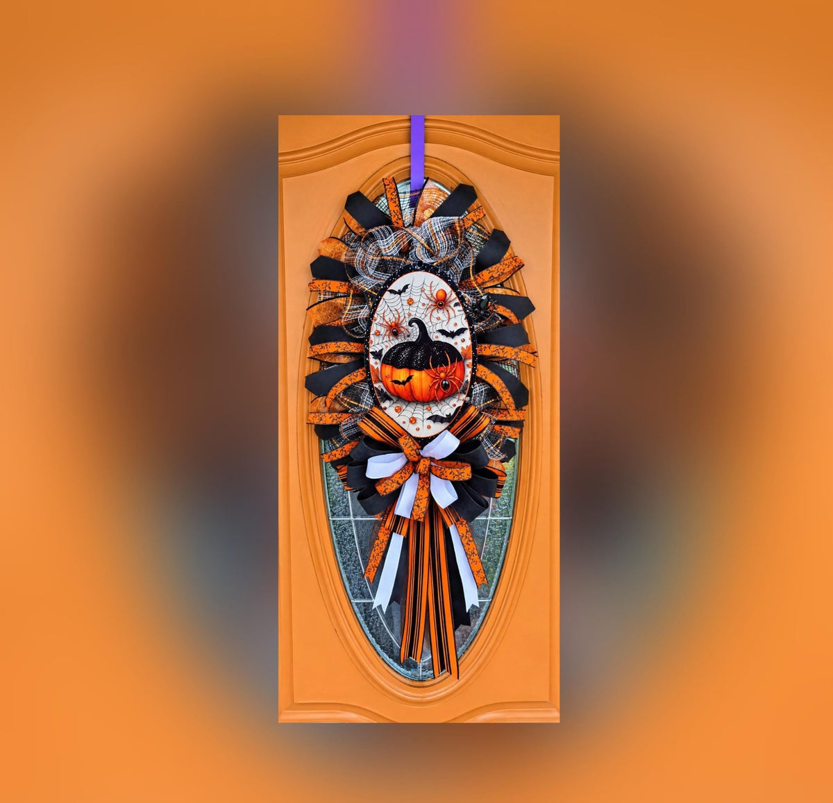 Halloween Glam Pumpkin Door Swag, Orange and Black Spider Wreath, Handmade Halloween Front Door Decor, Oval Halloween Wreath