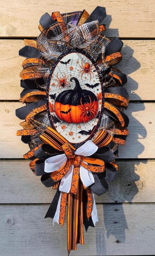 Halloween Glam Pumpkin Door Swag, Orange and Black Spider Wreath, Handmade Halloween Front Door Decor, Oval Halloween Wreath