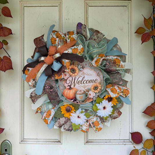 Handmade Welcome Wreath with Sunflowers and Pumpkins, Pumpkin Spice Fall Decor, Glam Door Decor