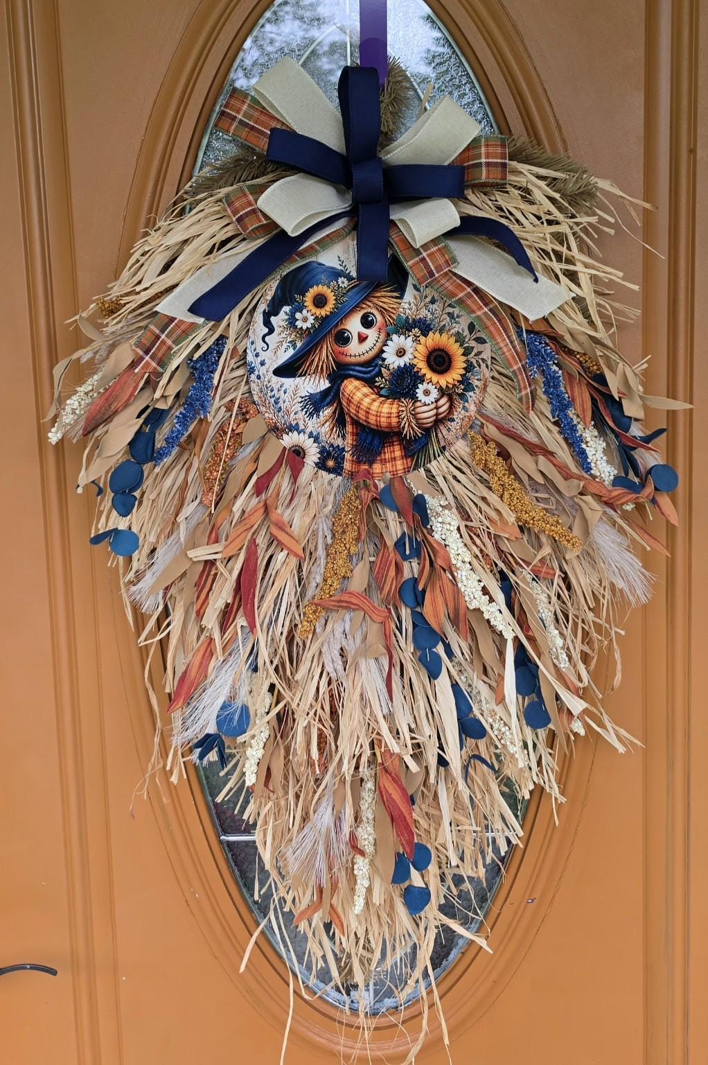 Handmade Scarecrow Teardrop Swag | Farmhouse Autumn Door Decor | Cascading natural Raffia Wreath