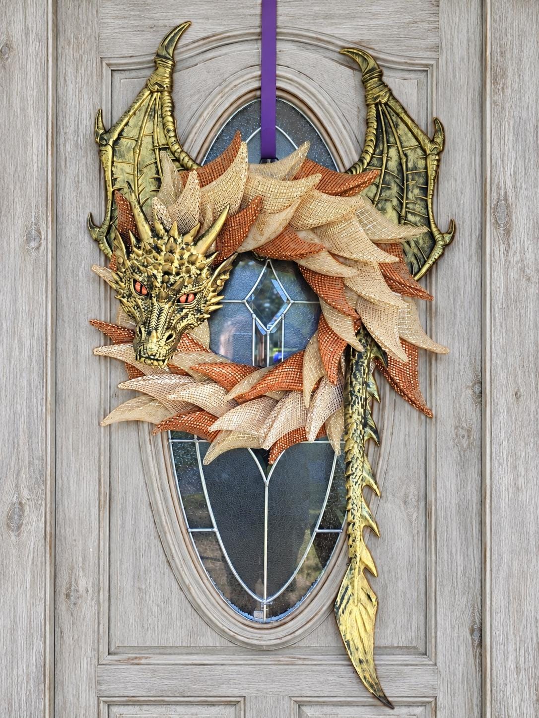 Autumn Dragon Wreath | Copper & Champagne Gold Fall Dragon | Handmade Fantasy Door Decor | Dragon Lover Gift