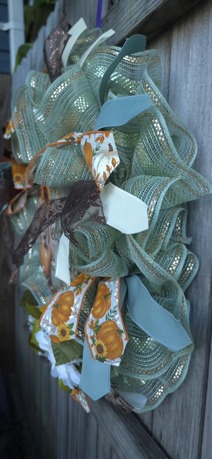 Handmade Welcome Wreath with Sunflowers and Pumpkins, Pumpkin Spice Fall Decor, Glam Door Decor