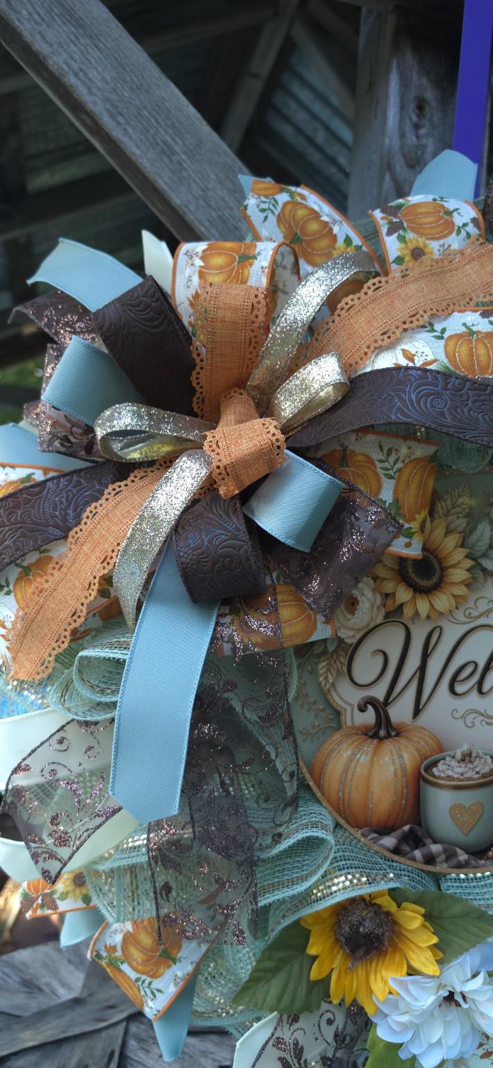 Handmade Welcome Wreath with Sunflowers and Pumpkins, Pumpkin Spice Fall Decor, Glam Door Decor