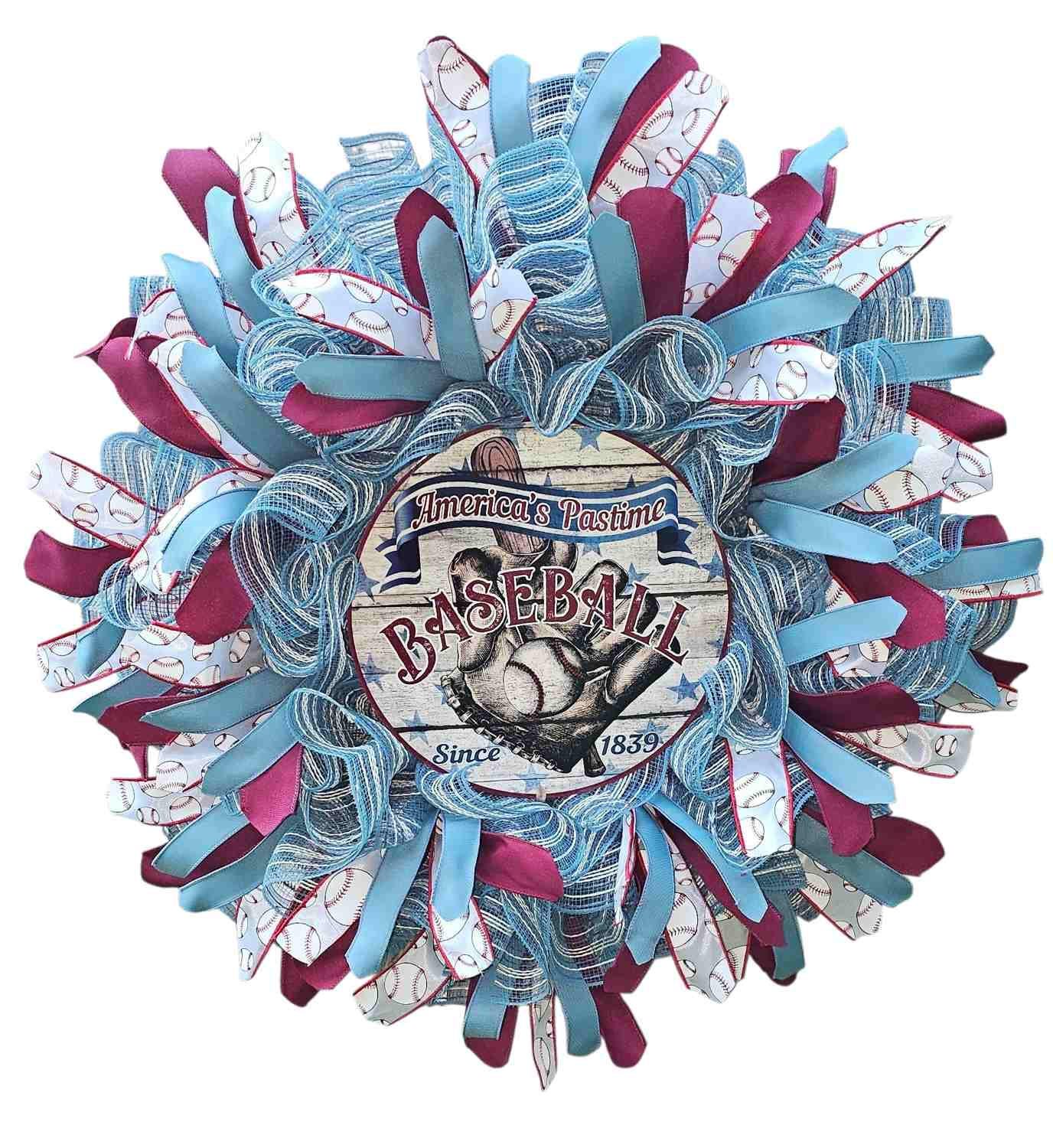American Baseball Wreath – Rustic Deco Mesh Front Door Decor