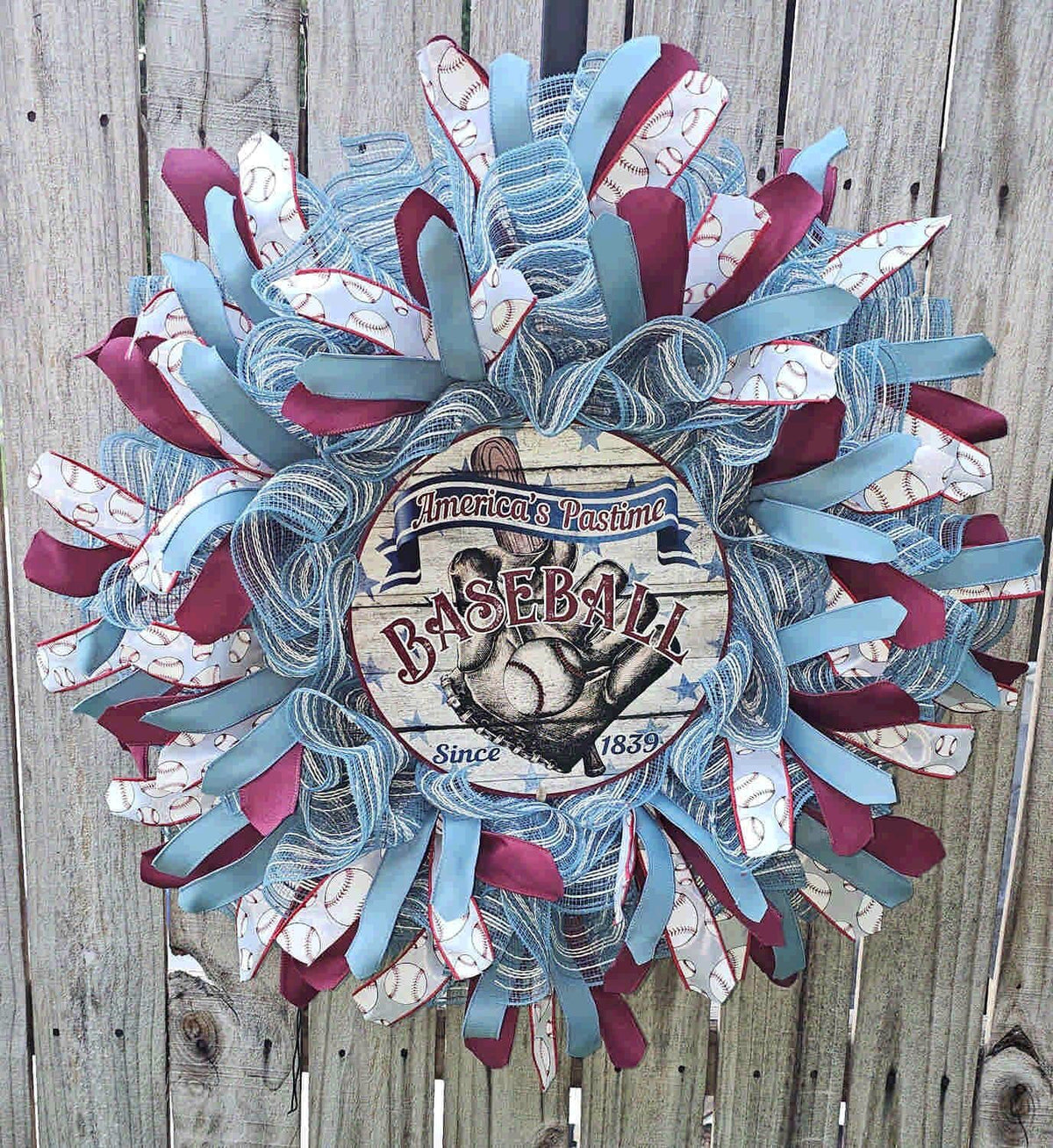 American Baseball Wreath – Rustic Deco Mesh Front Door Decor