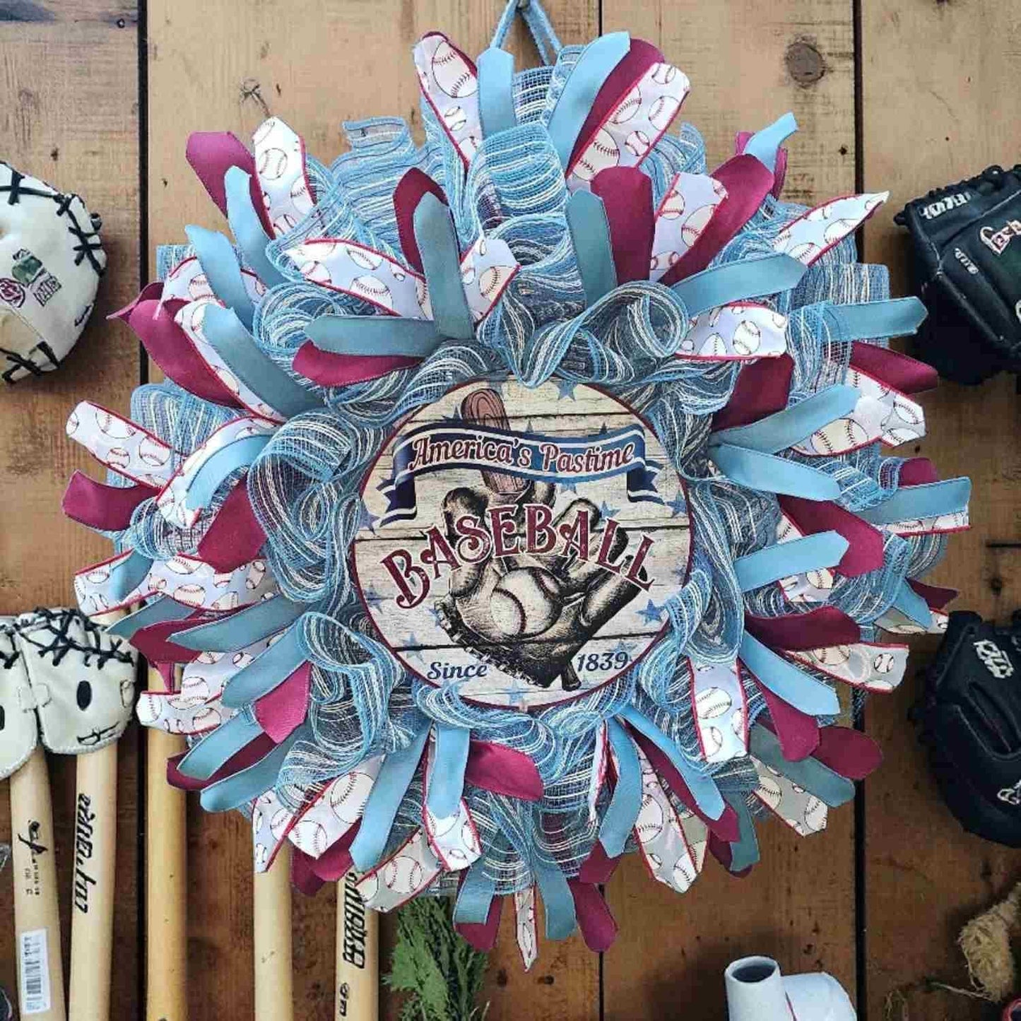 American Baseball Wreath – Rustic Deco Mesh Front Door Decor