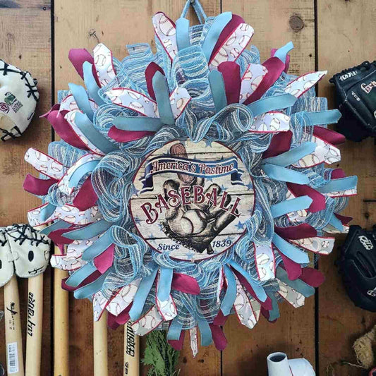American Baseball Wreath – Rustic Deco Mesh Front Door Decor