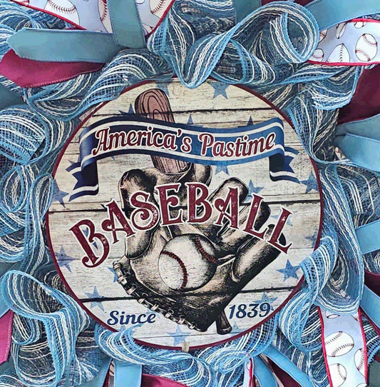 American Baseball Wreath – Rustic Deco Mesh Front Door Decor