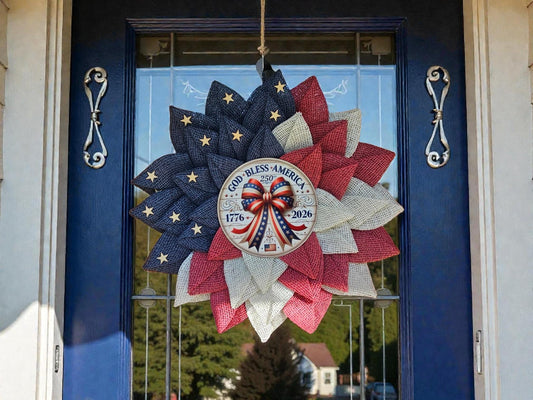 Patriotic Americana Wreath | Red White Blue Burlap Flower Petals, 250th Anniversary Sign