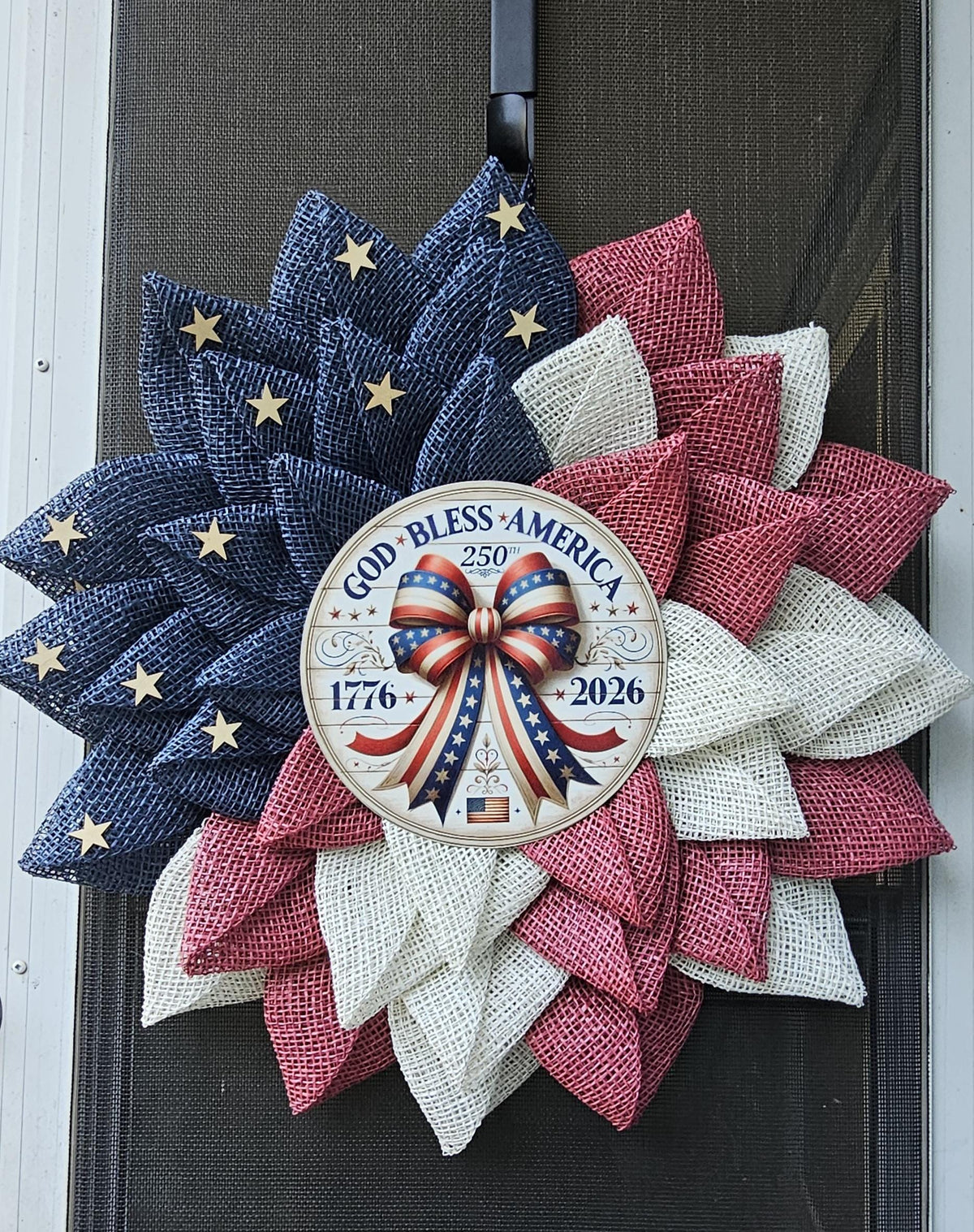 Patriotic Americana Wreath | Red White Blue Burlap Flower Petals, 250th Anniversary Sign