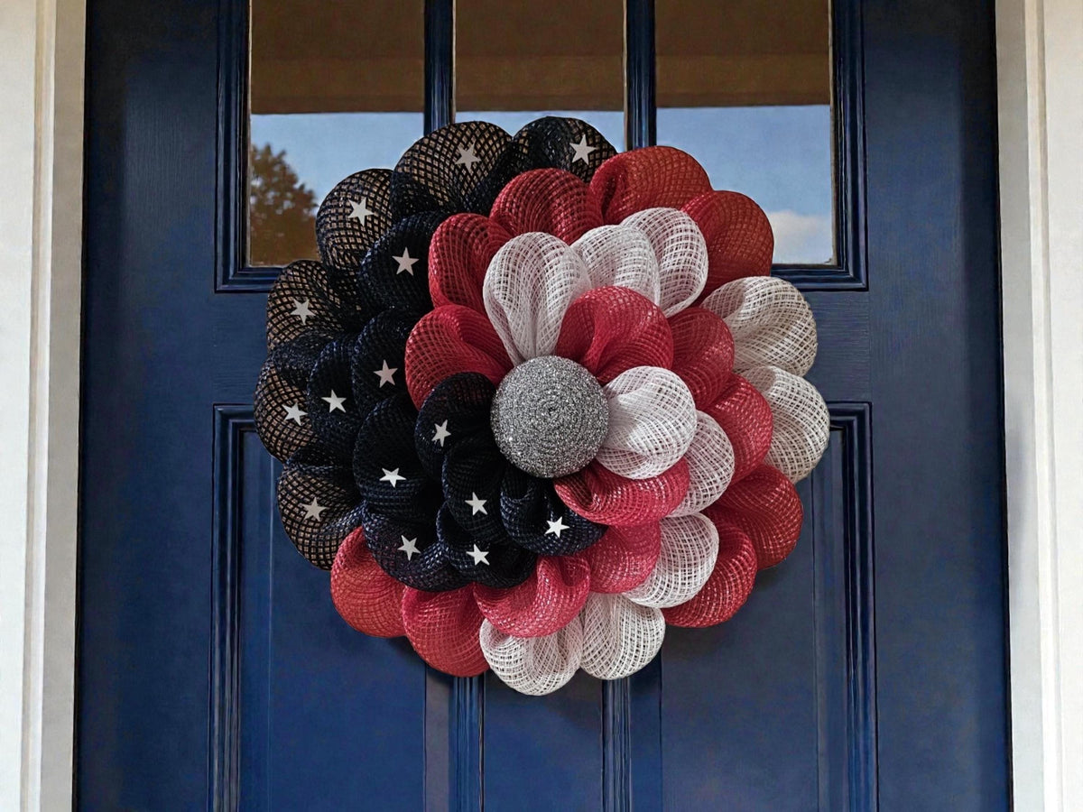 Red White Blue Daisy Wreath | Americana Floral Decor, Stars, Silver Center