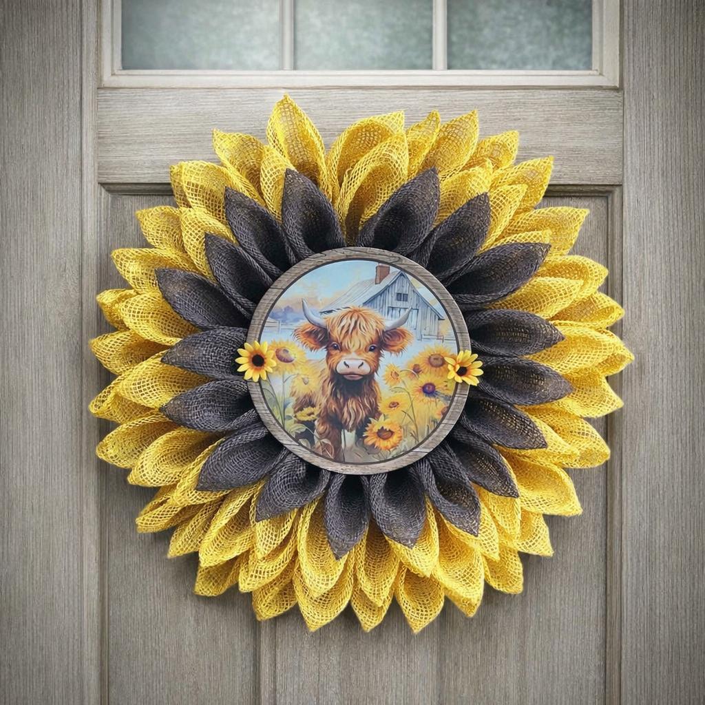 Highland Cow Sunflower Wreath | Rustic Farmhouse Door Decor, PolyBurlap Decomesh Petals