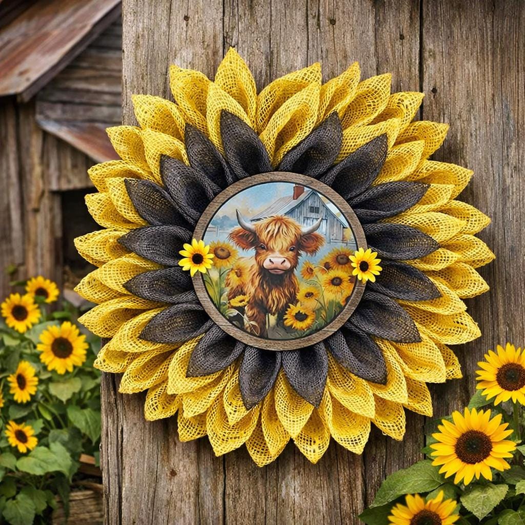 Highland Cow Sunflower Wreath | Rustic Farmhouse Door Decor, PolyBurlap Decomesh Petals