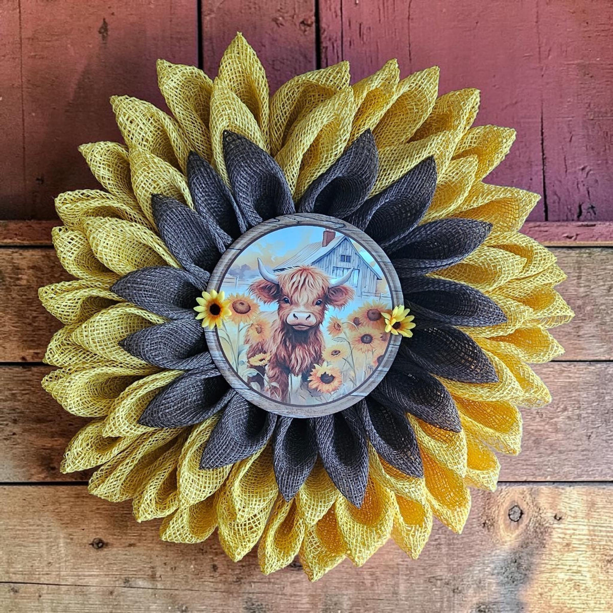 Highland Cow Sunflower Wreath | Rustic Farmhouse Door Decor, PolyBurlap Decomesh Petals