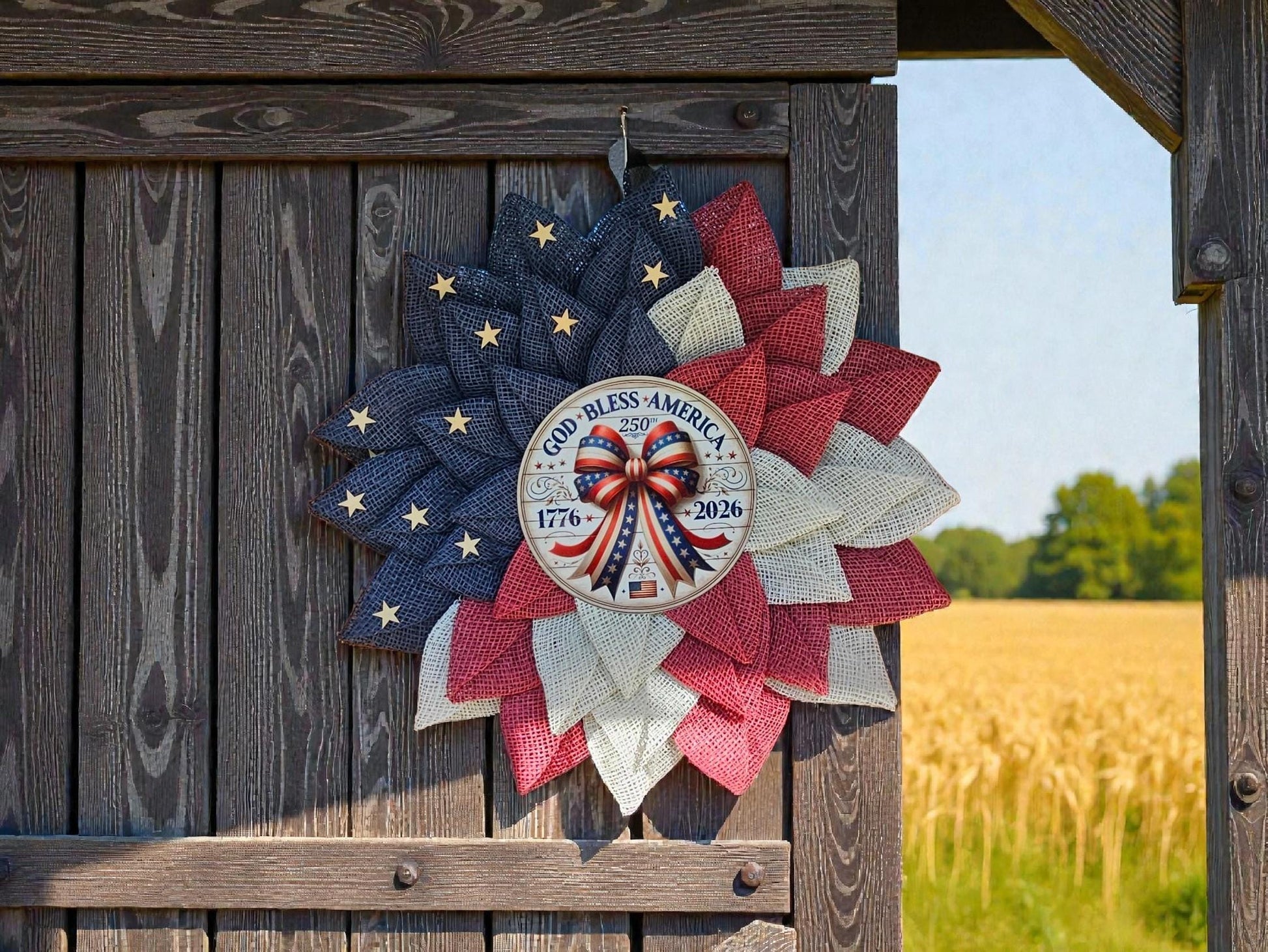 Patriotic Americana Wreath | Red White Blue Burlap Flower Petals, 250th Anniversary Sign