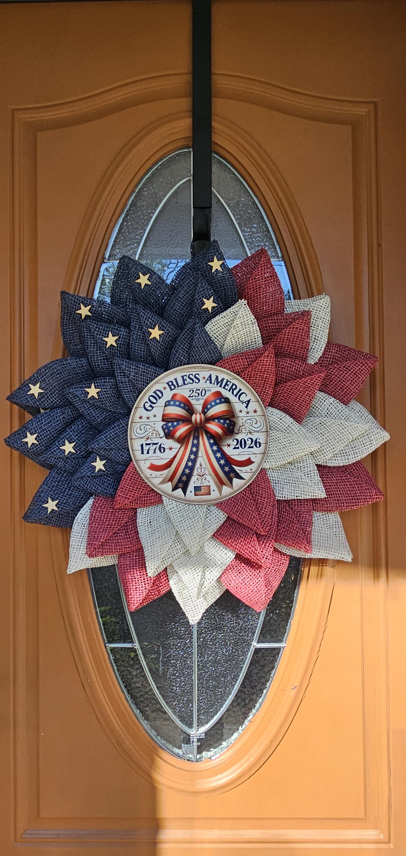 Patriotic Americana Wreath | Red White Blue Burlap Flower Petals, 250th Anniversary Sign