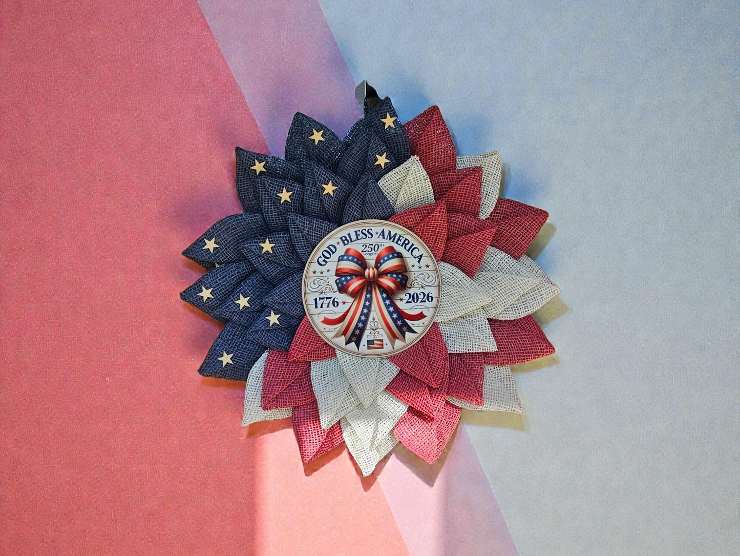 Patriotic Americana Wreath | Red White Blue Burlap Flower Petals, 250th Anniversary Sign