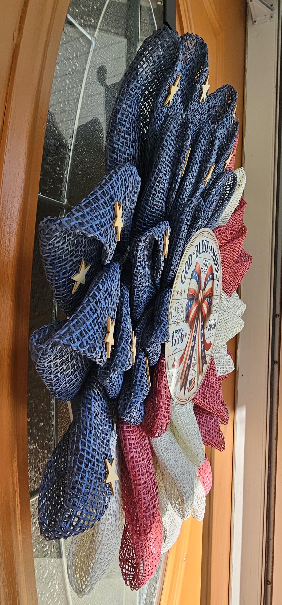 Patriotic Americana Wreath | Red White Blue Burlap Flower Petals, 250th Anniversary Sign