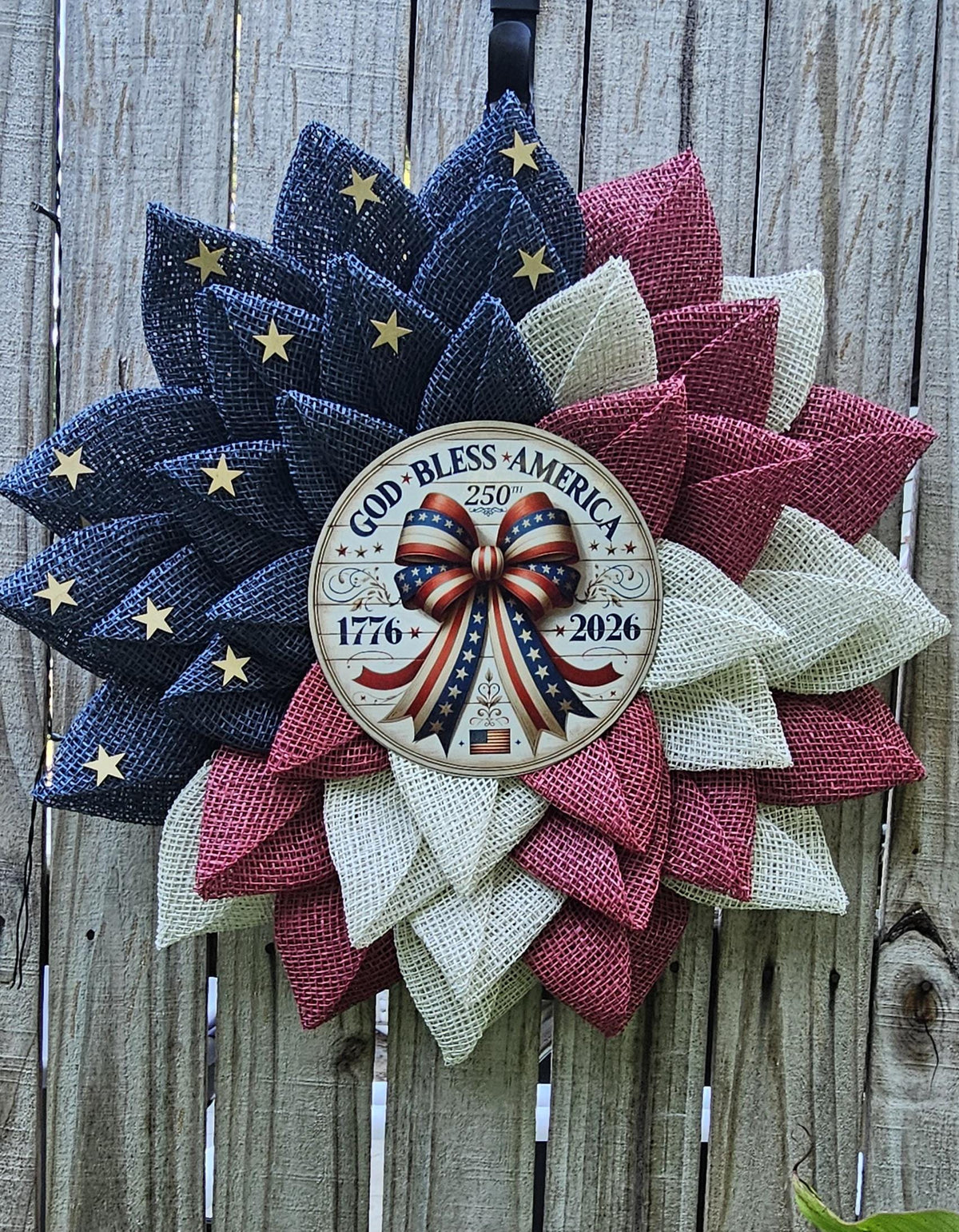 Patriotic Americana Wreath | Red White Blue Burlap Flower Petals, 250th Anniversary Sign