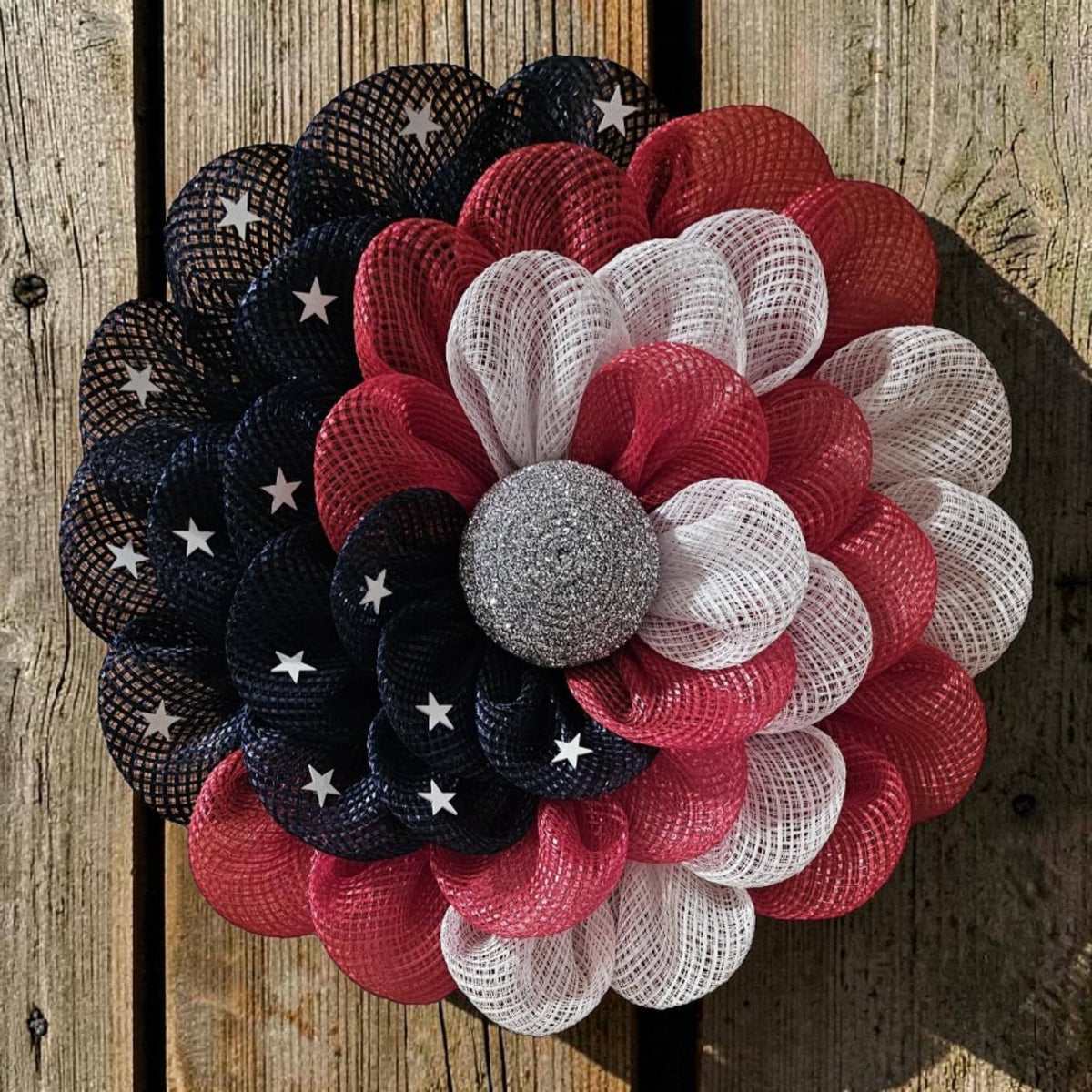 Red White Blue Daisy Wreath | Americana Floral Decor, Stars, Silver Center