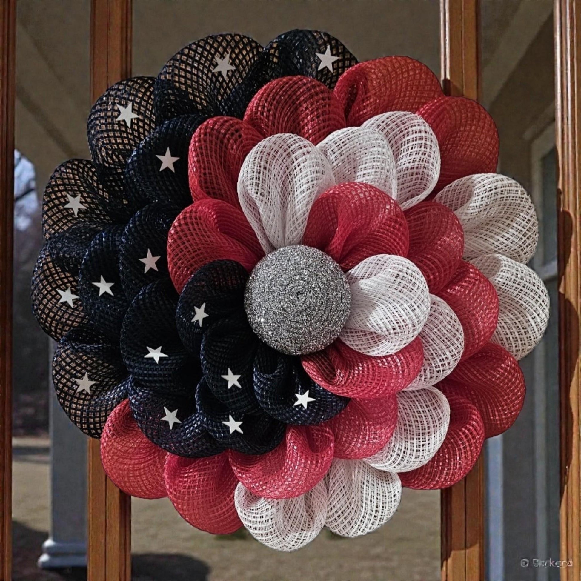 Red White Blue Daisy Wreath | Americana Floral Decor, Stars, Silver Center