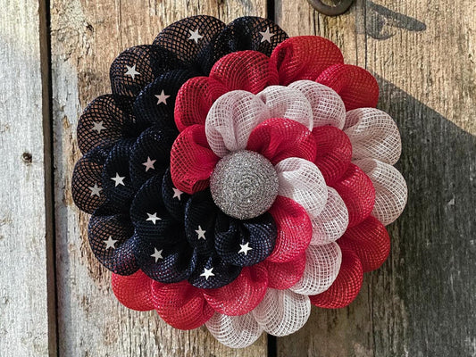 Red White Blue Daisy Wreath | Americana Floral Decor, Stars, Silver Center