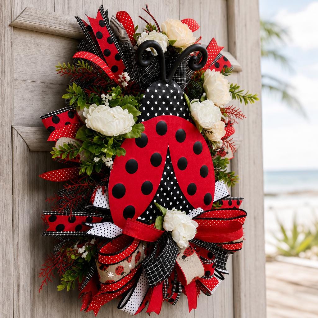 Ladybug Wreath, Summer Door Decor, Farmhouse Cottage Porch Accent, Red Black Polka Dot Swag