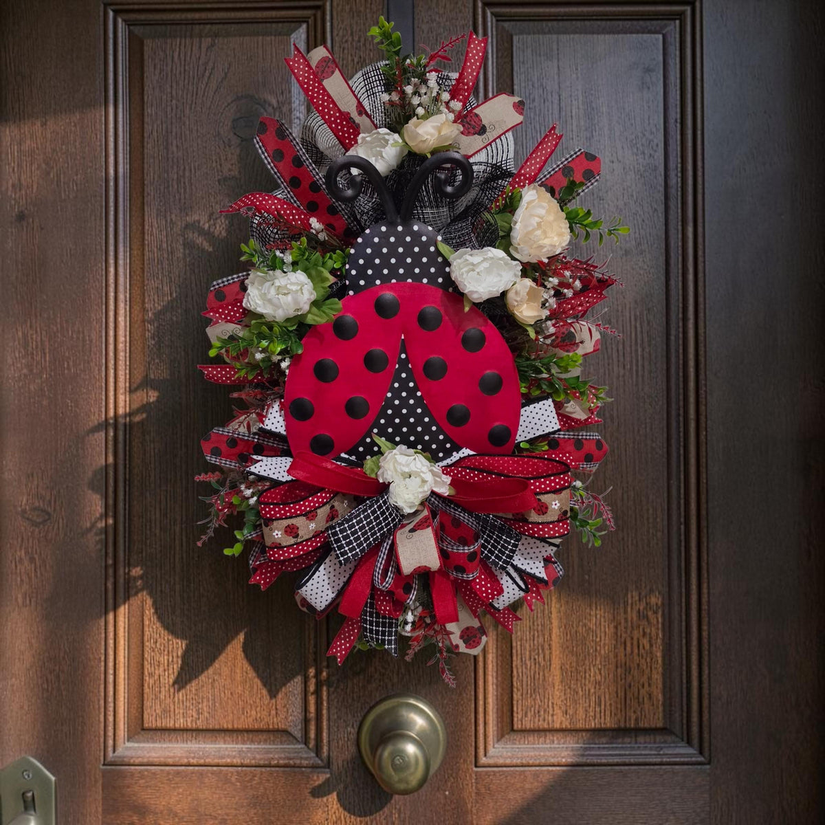 Ladybug Wreath, Summer Door Decor, Farmhouse Cottage Porch Accent, Red Black Polka Dot Swag