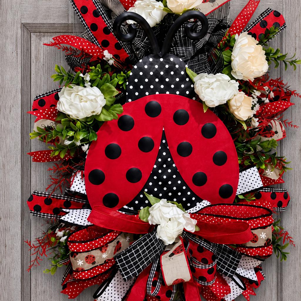 Ladybug Wreath, Summer Door Decor, Farmhouse Cottage Porch Accent, Red Black Polka Dot Swag