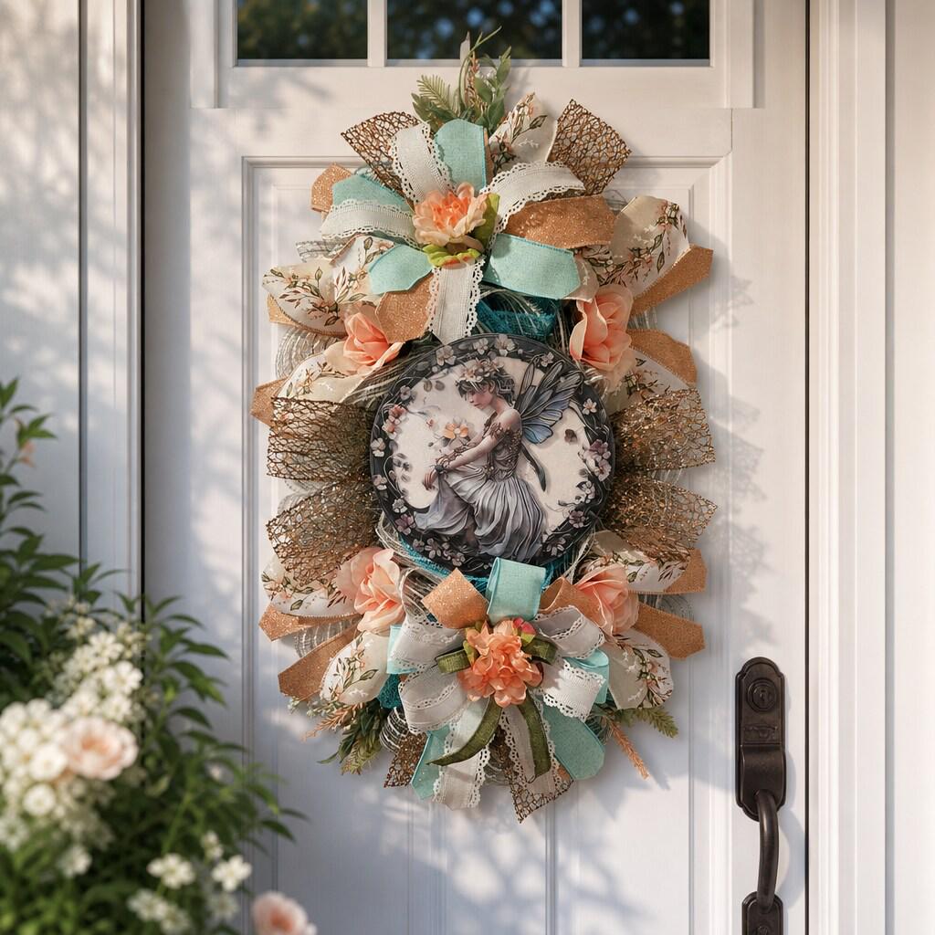Handcrafted Fairy Swag Wreath, Pastel Garden Decor, Floral Ribbon Artistry