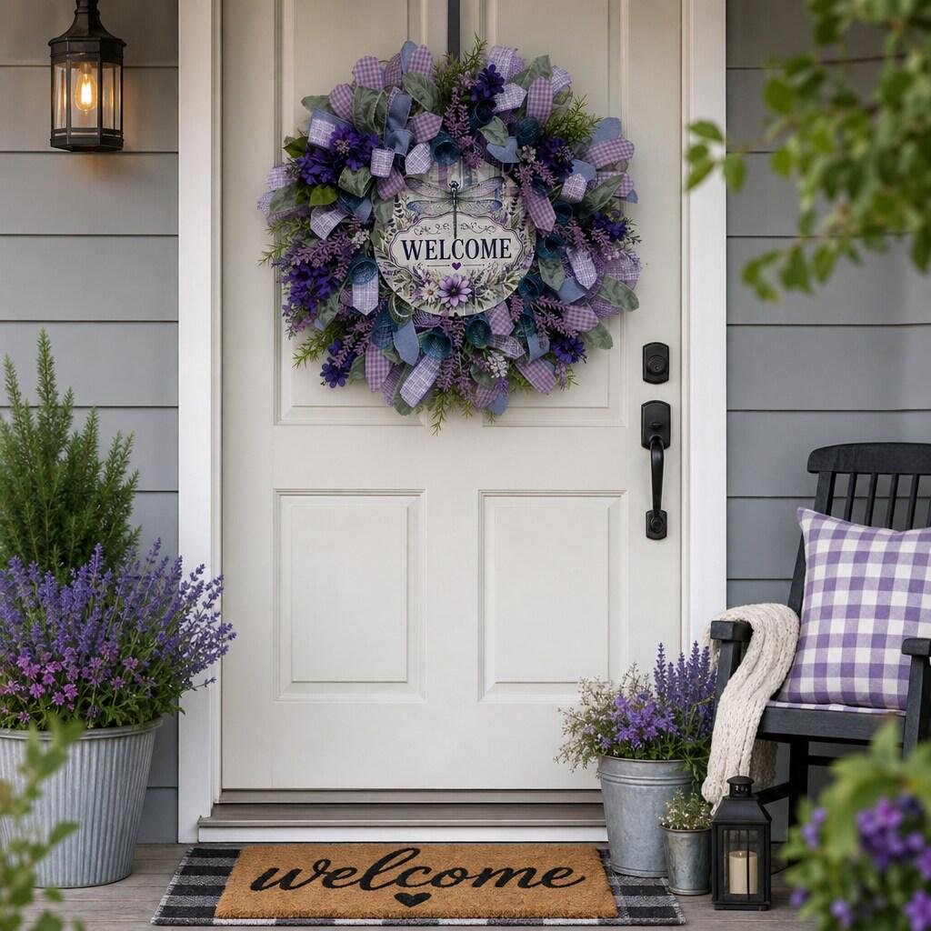 Dragonfly Wreath, Purple and Teal Front Door Wreath — Handmade Summer Décor
