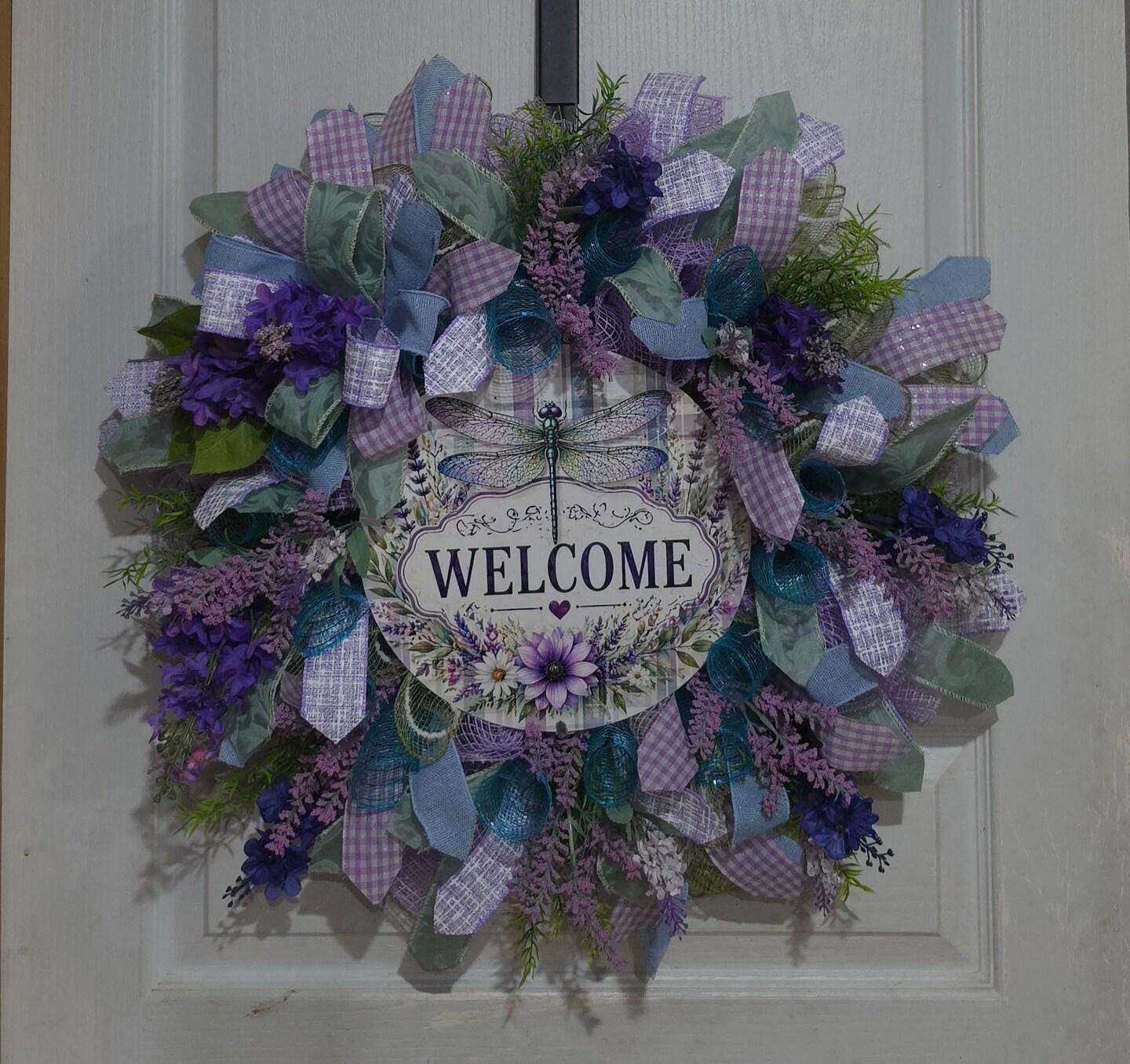 Dragonfly Wreath, Purple and Teal Front Door Wreath — Handmade Summer Décor