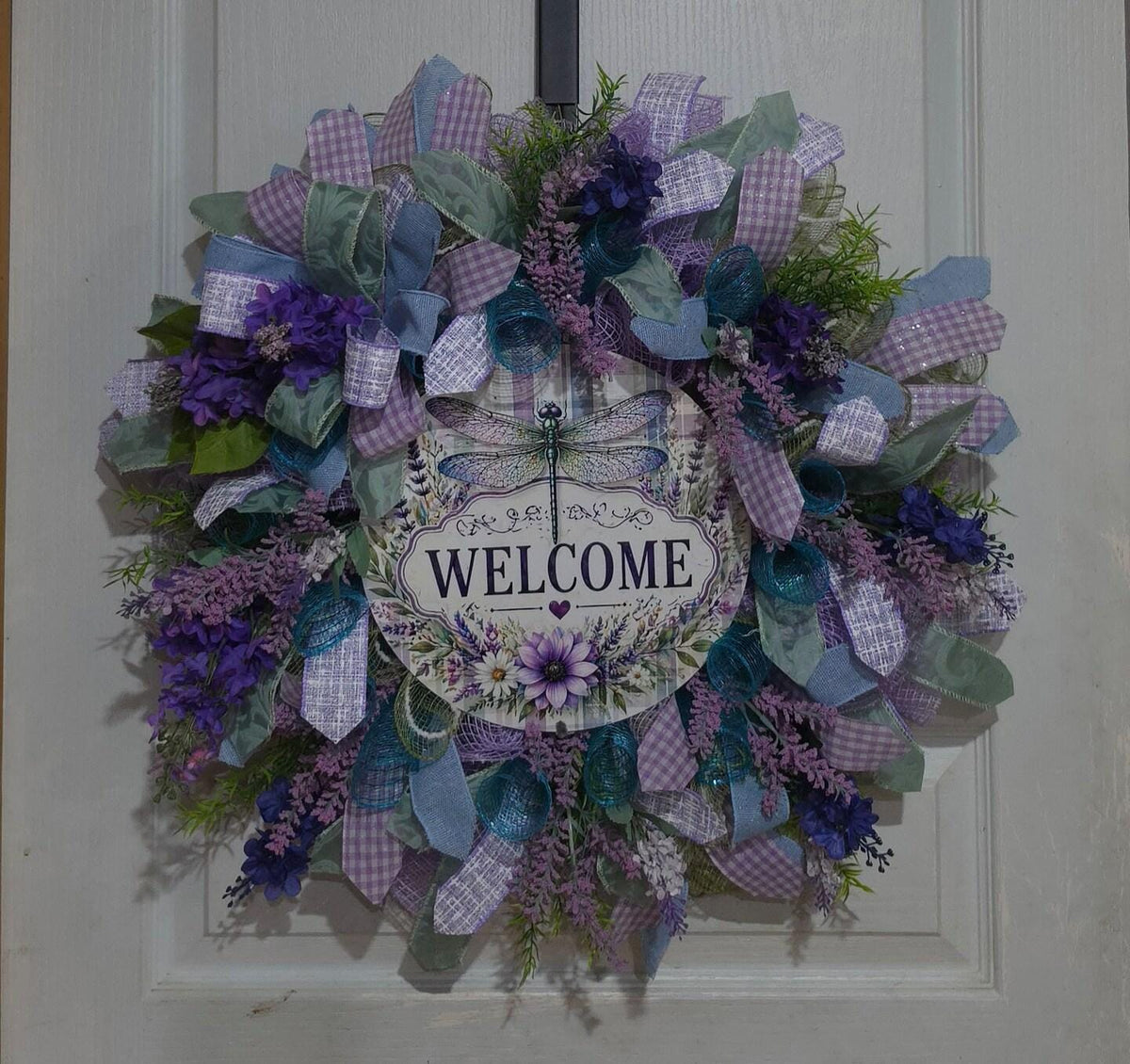 Dragonfly Wreath, Purple and Teal Front Door Wreath — Handmade Summer Décor
