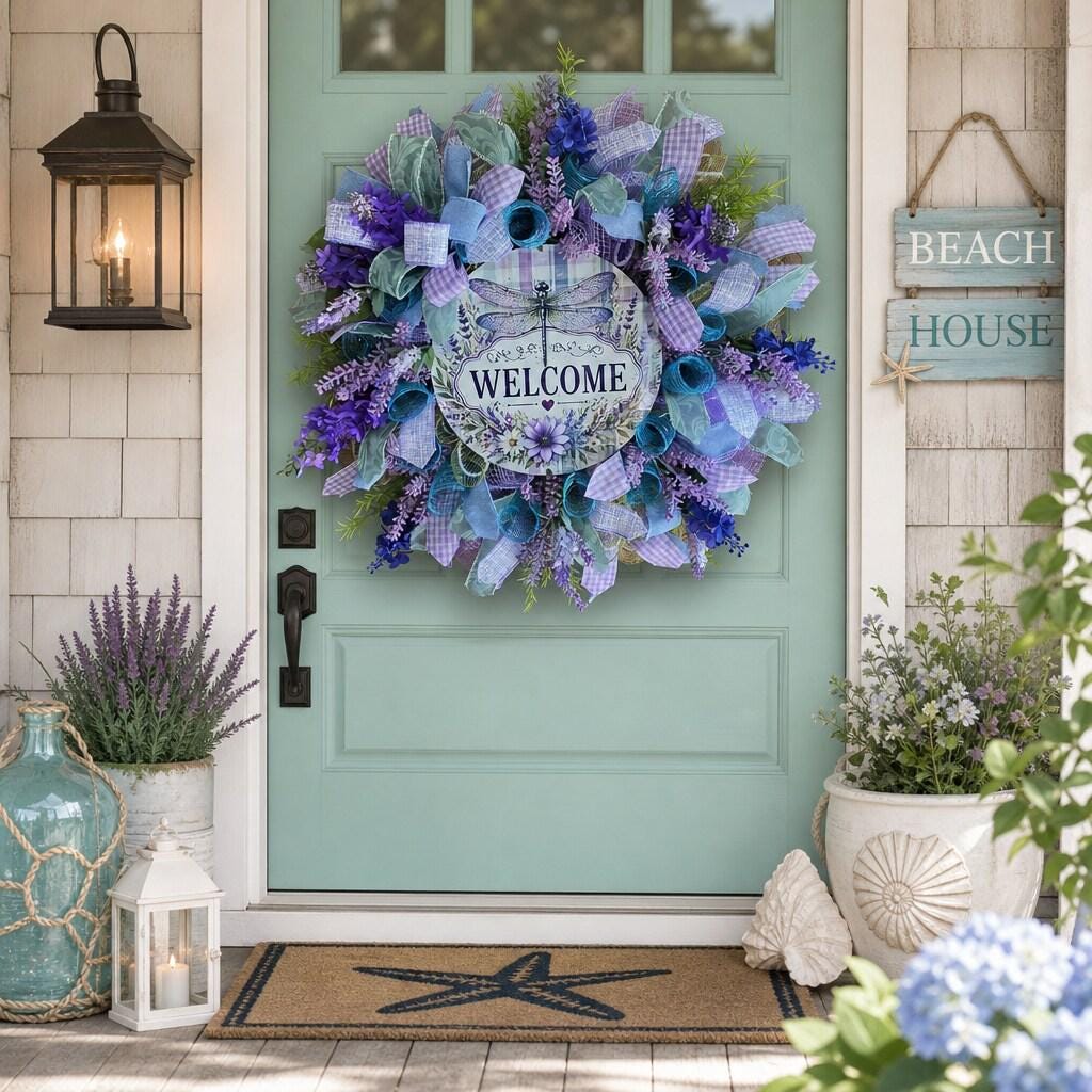Dragonfly Wreath, Purple and Teal Front Door Wreath — Handmade Summer Décor