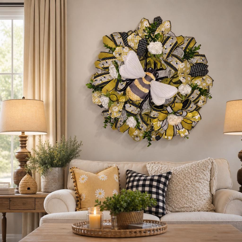 Summer Fall Bee Wreath • Handmade Honey Bee Door Decor • Farmhouse Porch Accent