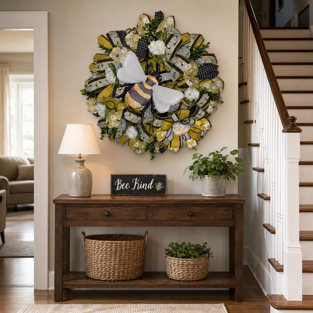 Summer Fall Bee Wreath • Handmade Honey Bee Door Decor • Farmhouse Porch Accent