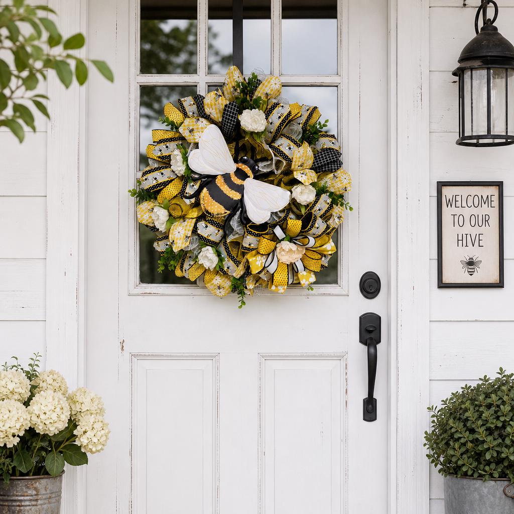 Summer Fall Bee Wreath • Handmade Honey Bee Door Decor • Farmhouse Porch Accent