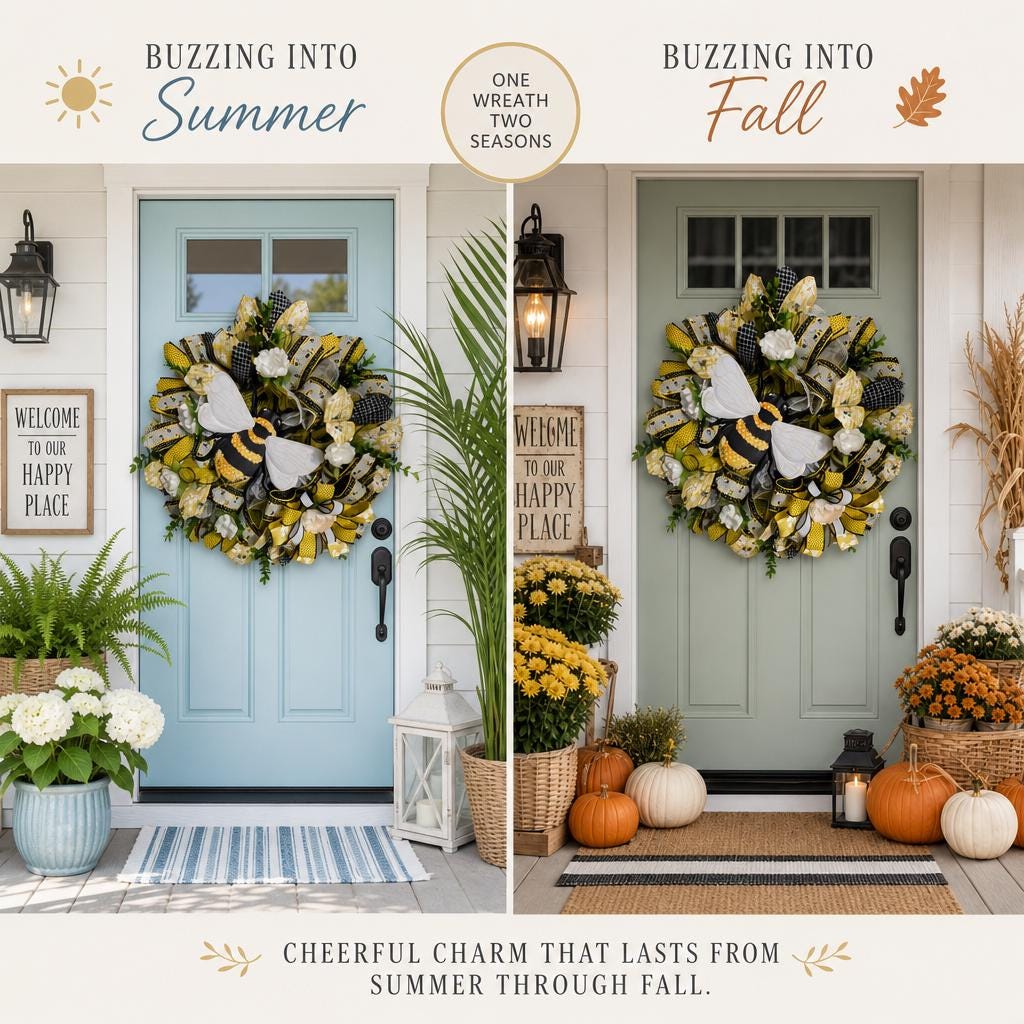 Summer Fall Bee Wreath • Handmade Honey Bee Door Decor • Farmhouse Porch Accent