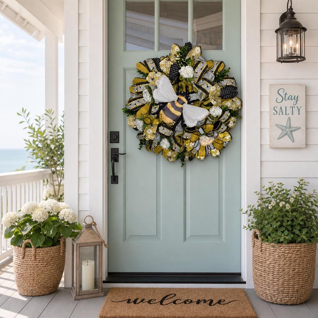Summer Fall Bee Wreath • Handmade Honey Bee Door Decor • Farmhouse Porch Accent