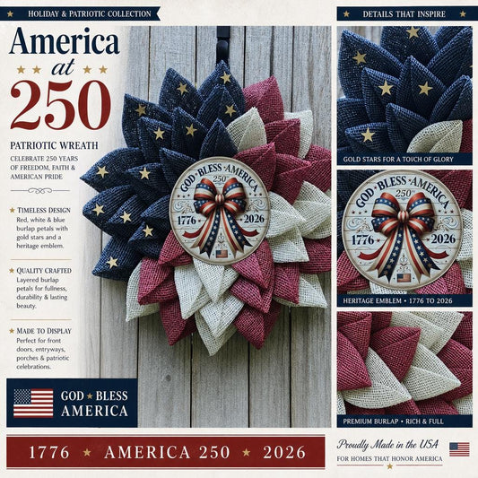 Patriotic Americana Wreath | Red White Blue Burlap Flower Petals, 250th Anniversary Sign